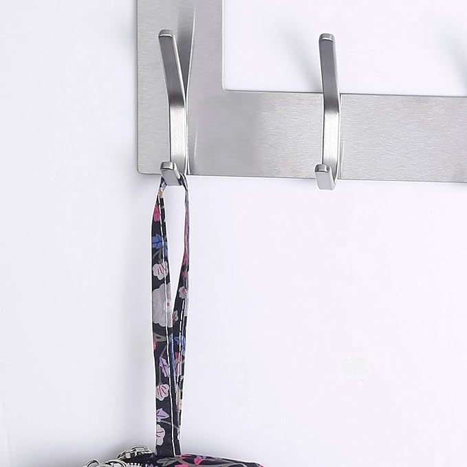 SKOLOO Over The Door Hook - for Doors up to 1-3/4'' Thickness, Silver, No Assembly Required, Stainless Steel, Door Coat Rack for Entryway & Bathroom Hanging Coats, Backpack, Robes, Towels, Pack of 2