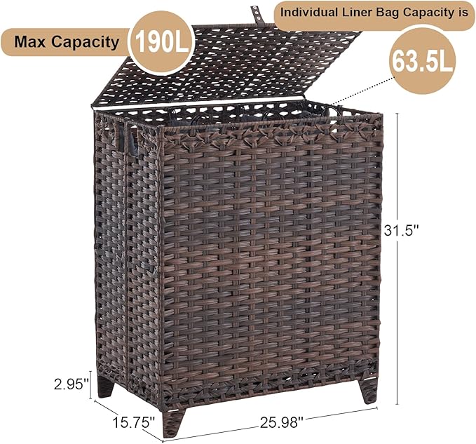 Laundry Hamper with Lid, 190L Large Laundry Basket 3 Section with 6 Removable Liner Bags & 3 Mesh Laundry Bags, Handwoven Rattan Clothes Hamper with Heightened Feet, No Install Needed, Brown