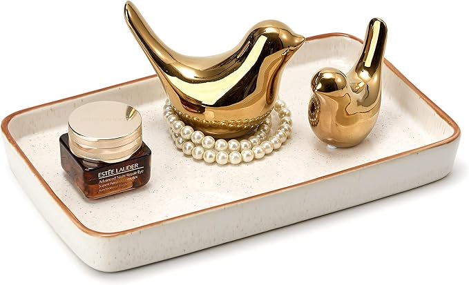 10"×6"×1" Bathroom Vanity Tray for Countertop- Ceramic Decorative Organizer Tray for Dresser Tops, Toilet, Perfume, Sponge Holder Soap Dish Dispenser for Kitchen Counter- Reactive White