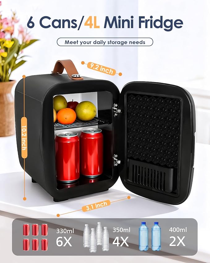 Compact Refrigerator, Portable Mini Fridge for Skincare Food Drinks, 4L/6 Can Electric Plug In Cooler & Warmer, AC/DC Skincare Refrigerator for Bedroom Office Car Dorm (Black)