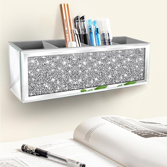 Mirror Hair Dryer Holder.（4 compartments）.Crystal Crush Diamond Hair Tool Organizer Wall Mount. Silver Bathroom Cabinet Tray for Blow Dryers, Hairdryer Straightener, Brushes (14.6”x4”x5”)