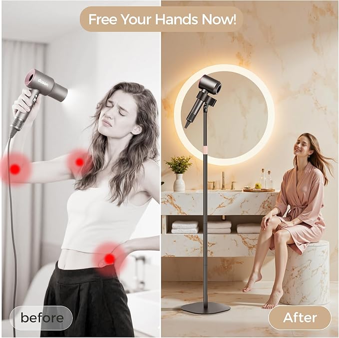 Hair Dryer Stand, 1.68M Height Adjustable Blow Dryers Holder, Ultra Stable Holder with 360° Rotating, Universal Clips, Work with All Dryer, Floor Dryer Stand for Salons or Home Use