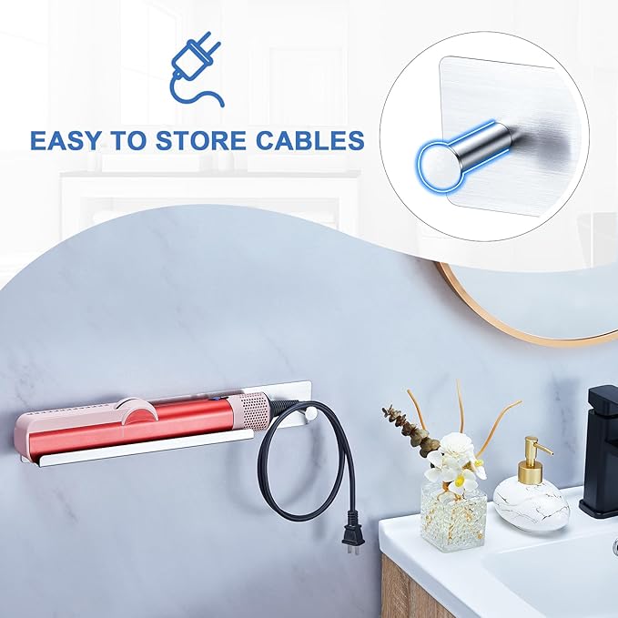 Curling Iron Holder Wall Mount, Flat Iron and Hair Straightener Holder, Stainless Steel Hair Tool Organizer for Hair Dryer Brush and Hots Tool Accessories, Hair Tool Holder for Bathroom, Silver