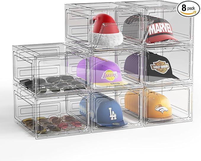 Hat Organizer Box for Baseball Caps, 8 Pack Clear Plastic Hat Storage Box, Hats Holder Display Case for Closet with Magnetic Door, Snapback Organizer, Hold 8 Cap Each