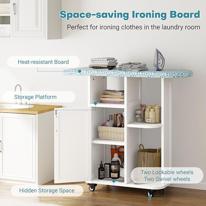 Rolling Ironing Board with Storage Cabinet, Small Ironing Table with Fixed Heat-Resistant Pad, Craft Table with Storage Shelves for Small Spaces, Laundry and Craft Rooms (White Non-Foldable)
