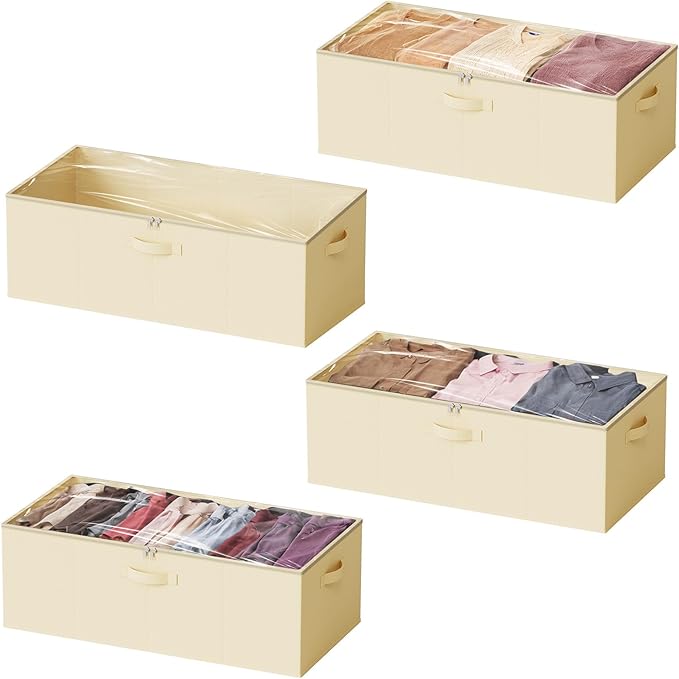 SpaceAid 4 Pack 10" High Under Bed Storage Containers, Large Underbed Storage Organizer Bins with Lids for Bedroom, Dorm, Clothes, Closet Organization, Bed Sheets and Blankets (Beige)