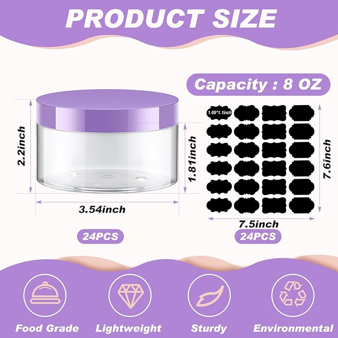 Dandat 24 Pcs 8 oz Plastic Jar Container with Lid and Label Refillable Empty Round Clear with Purple Pet Cosmetic Sample Slime Containers for Lotion, Cream, Ointments Body Butter Makeup Travel Storage