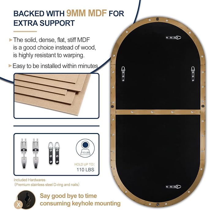 ANDY STAR Gold Bathroom Mirror 60 x 30 Inch, Full Length Mirror, Oval Vanity Mirror, Pill Shaped Mirror in Stainless Steel 1’’ Deep Wall Mounted Vertical/Horizontal