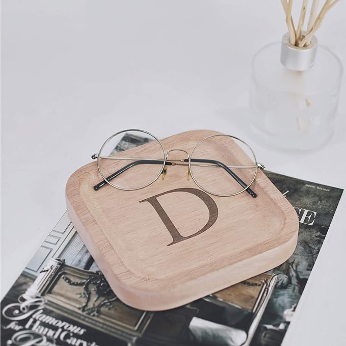 I'm Wooden Personalized Letter Catchall Valet Tray Trinket Dish Jewelry Tray Key Bowl Decorative Plate Organizing Ring Earrings Necklaces Bracelet Watch Coins Wallet Holder (6"x6" Sq Natural D)