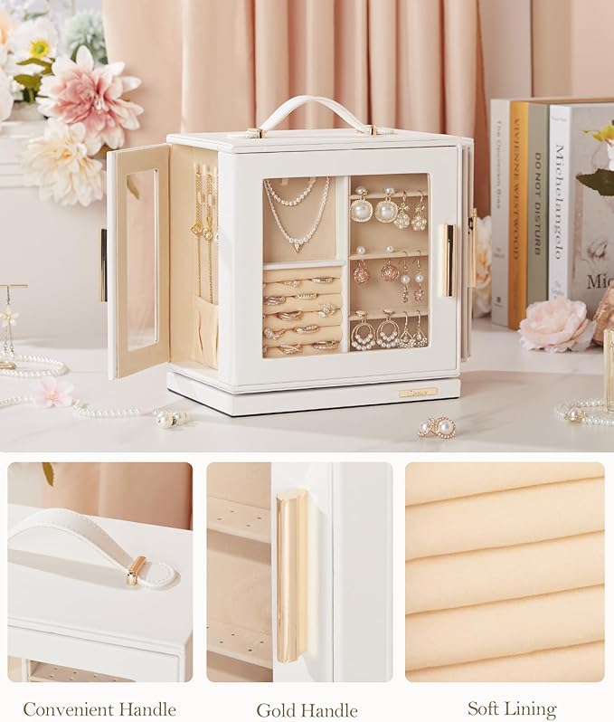 Homde Valentine's Day gifts Jewelry Box 360° Rotating, Necklace Earring Organizer with Transparent Window, Mirror, 7 Drawers, Large Ring Display Storage Case for Girls Women (White)