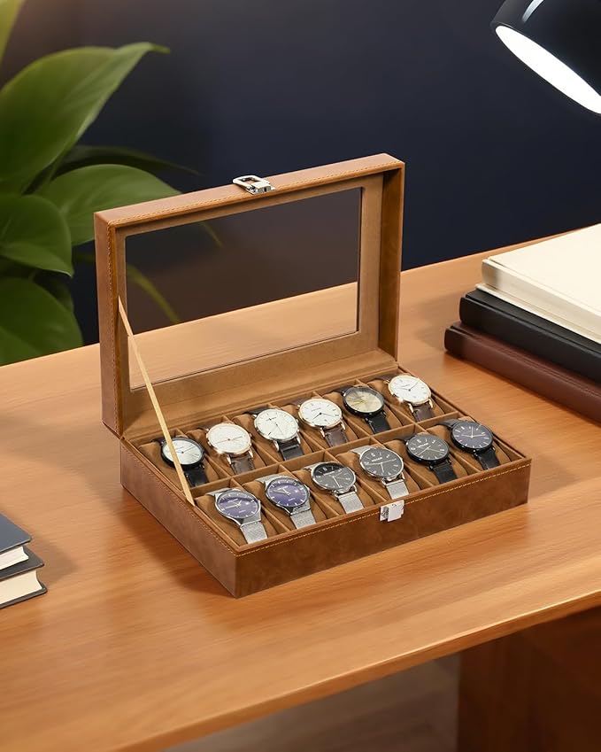 Uten 12-Slot Watch Box, PU Leather Watch Case with Glass Lid, Watch Holder Organizer with Soft Pillow and Velvet Lining, Watch and Jewelry Storage Box, Brown