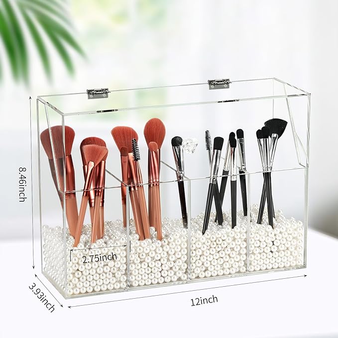 Acrylic Makeup Organizer, Clear Cosmetic Brush Storage Box With 4 Brush Holders (Pearl not included),Makeup Brush Holder with Dust Cover, Large-capacity Split Design Organize the Desktop