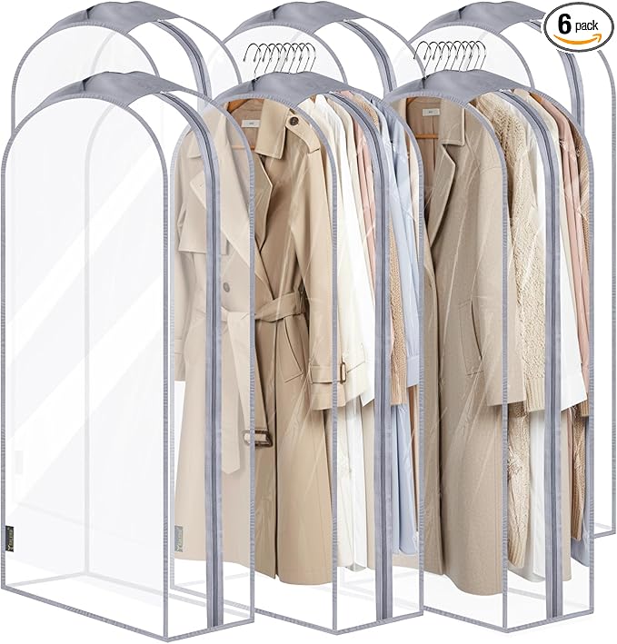 BALEINE 50'' Clear Garment Bags for Hanging Clothes, 10.5'' Wide PEVA Suit Bag for Closet Clothes Dresses Coat (Clear, 6PK)