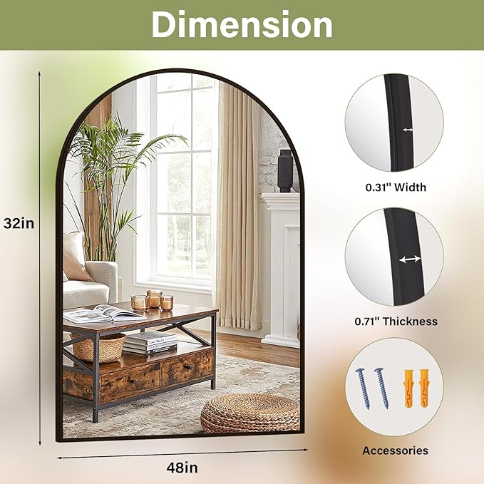 32"x48" Arched Bathroom Mirror with Aluminum Frame Arched Wall Mounted Vanity Mirror for Entryway, Bedroom, Living Room, Black