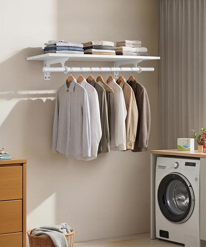 FIRJOY Wall Mounted Clothes Rack, with Top Shelf and Hanging Rod, Heavy Duty (White, 1 PACK 11.8" x 31.4")