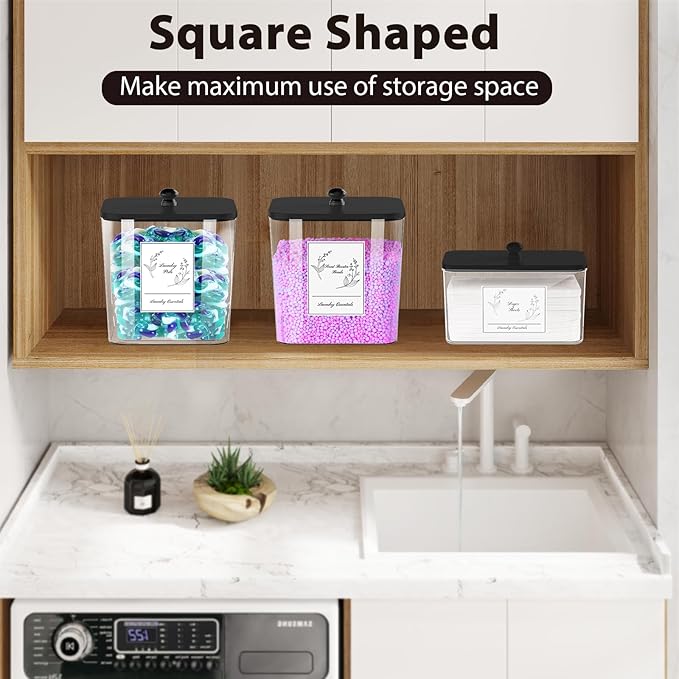 3 Pack Plastic Laundry Pods Container & Dryer Sheet Holder, Laundry Room Organization and Storage Jars with Lids, Scoops & Labels for Detergent, Powder, Scent Booster(Black Lid)