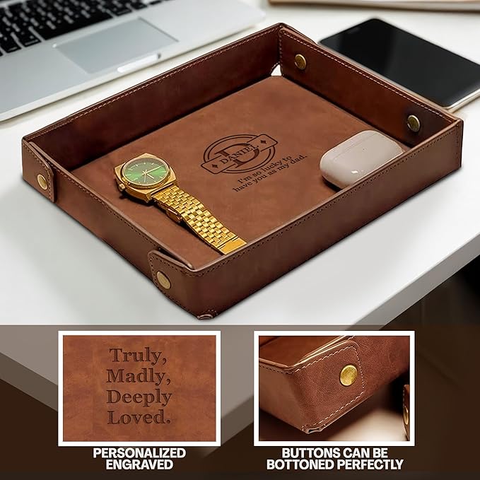 Engraved Father’s Day Leather Valet Tray – Personalized Light Coffee Catchall with Custom Name – Men’s Desk Organizer for Keys, Wallet, Watches, and Jewelry – Unique Gift from Daughter or Son