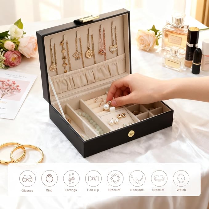 Jewelry Box Travel Jewelry Organizer Case for Women Portable Storage for Earrings, Necklaces, Rings, Bracelets Gift Box Black