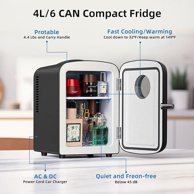 Antarctic Star Mini Fridge, 4L Capacity/6 Cans Portable Cooler and Warmer Compact Refrigerator, for Bedroom,Car,Office and Dorm, Small Cooler and Warmer for Cosmetics, Beverage and Food, Black