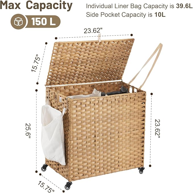 Laundry Hamper with Wheels, 39.6 Gallon(150L) Rolling Laundry Basket with Lid, Removable Large 2 Color Liners & 3 Mesh Laundry Bags, Clothes Hamper with Side Pocket, Natural