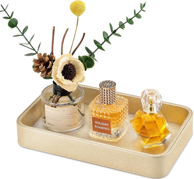 GORESE Gold Perfume Tray, Decorative PU Leather Jewelry Tray for Dresser and Nightstand Organizer, Catch-All Vanity Tray for Purse Bowl, Trinket, Key & Daily Essentials, Luxury Gift for Women