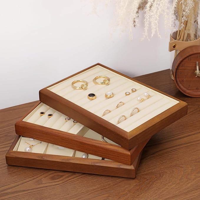 Solid Wood Jewelry Ring Display Tray Jewelry Drawer Organizer Showcase Display Organizer Tray for Rings Stud Earrings(Beige)