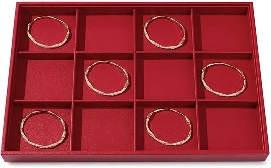 12 Grids Leather Jewelry Trays Bracelets Tray Stackable Jewelry Organizer Trays for Drawer Bracelet Holder For Bracelet Bangle Earrings Watches Storage (Red)