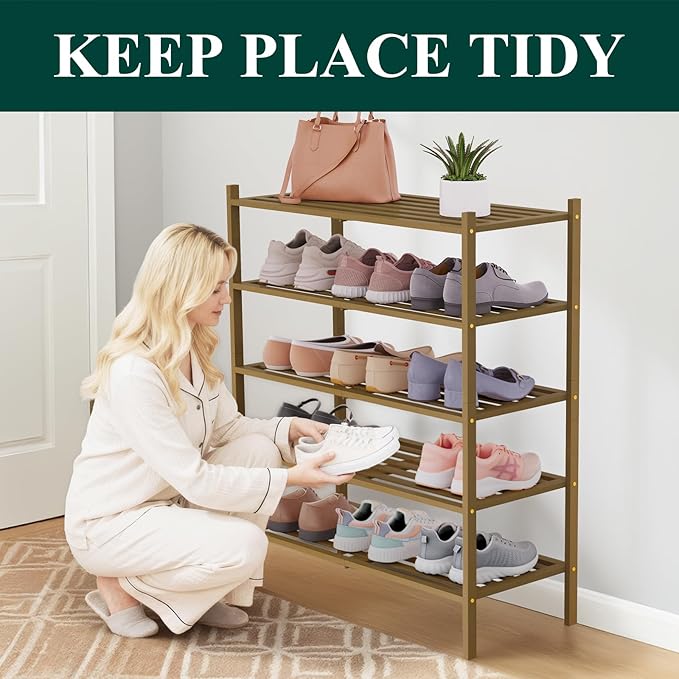Smiry Bamboo Shoe Rack 5-Tier, Stackable Wooden Shoe Organizer for Entryway & Closet, Free Standing Wood Shoe Storage Shelf for Front Door & Small Spaces, Walnut