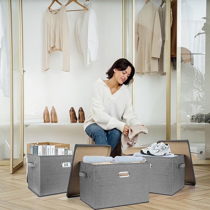 SNWDN 4 Pack Large collapsible Fabric Storage Bins with Lids Fabric storage box with lids for closet organizers and storage (grey 17.3x11.4x11.8 inches)