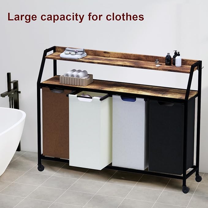 Laundry Hamper, Laundry Sorter 4 Section, Rolling Laundry Basket with Wheels, 2 Shelves, 4 × 14.5 Gal, Pull-Out and Removable Oxford Fabric Bags, for Laundry Room, 4 Colors