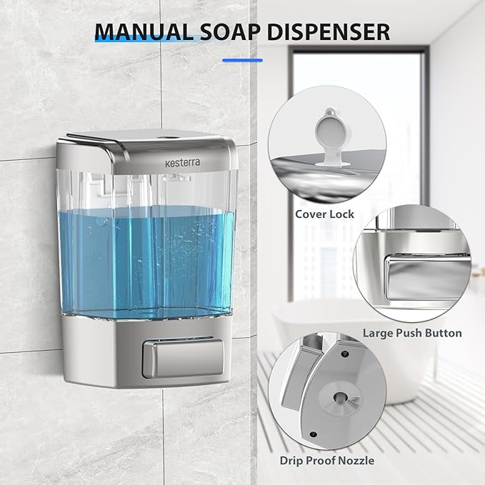 Manual Soap Dispenser, 23.7oz/700ml Wall Mount Soap Dispenser, Large Capacity Kitchen Bathroom Hand Soap Pump, Commercial Refillable Shampoo Shower Gel Lotion Dispenser, Chrome B