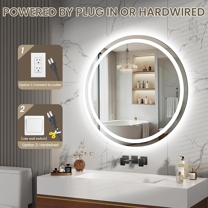 LED Bathroom Mirror 24 Inch Round Bathroom Mirror with Lights, Circle Wall Mirror with 3 Colors Brightness, Anti-Fog for Bathroom Vanity, Entryway Living Room