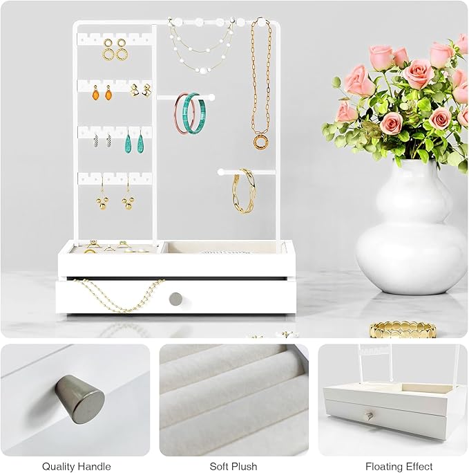 White Jewelry Organizer Stand Stud Earring Holder, Necklace Display Stand with Drawer, Jewelry Tower Tree for Bracelets Rings, Birthday Valentines Day Gifts for Her Teen Girls Women Wife