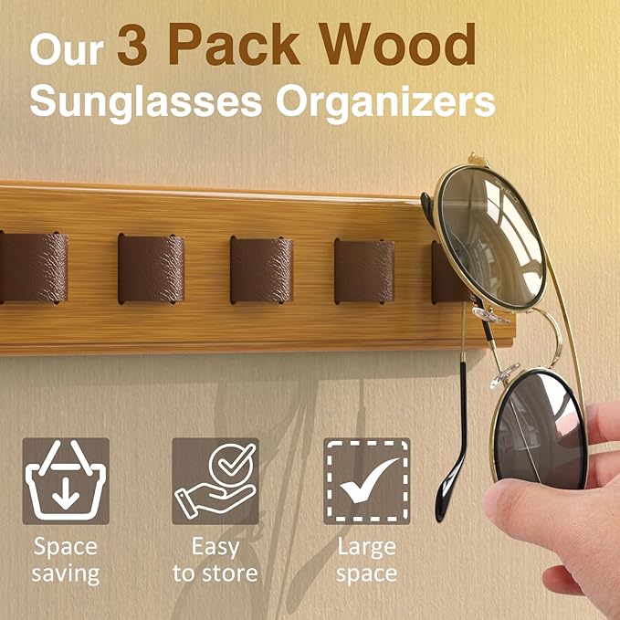 3 Pack Sunglass Organizer, Wall Mounted Sunglasses Organizer, Wooden Glasses Holder Sunglass Holder, Sunglasses Rack for Hanging Your Multiple Eyeglasses, for Wall, Home Decor(Wood Color)
