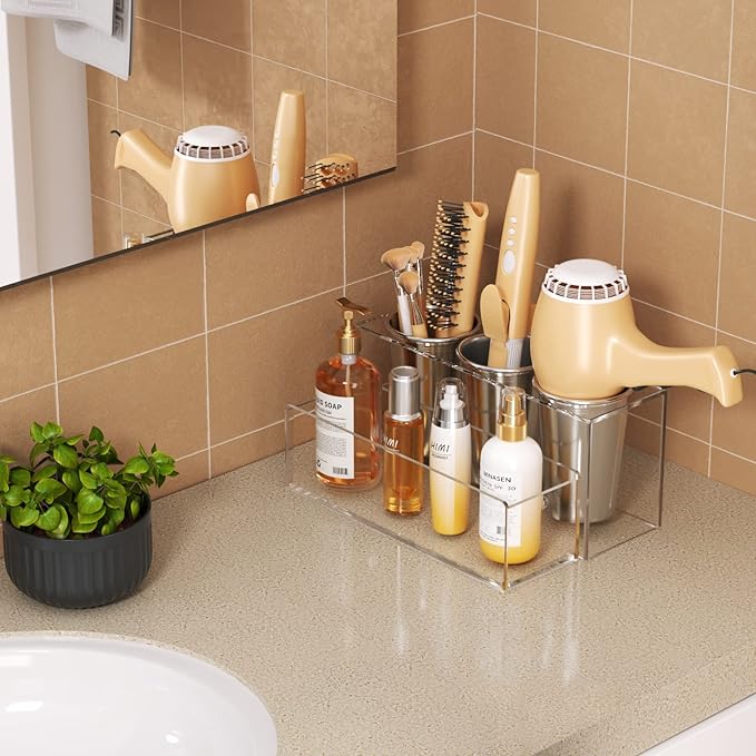 HIIMIEI Hair Tool Organizer, Acrylic Hair Dryer Holder, Bathroom Countertop Blow Dryer Stand Storage, Vanity Organizer for Accessories, Makeup, Flat Irons, Curling Irons, and Toiletries (Clear)