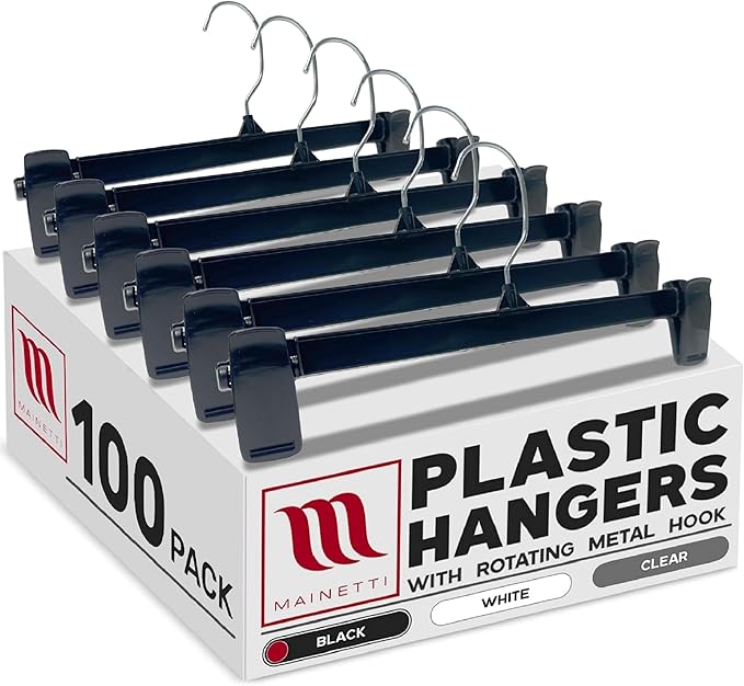 Mainetti 6012 Recycled Black Plastic Hangers - 100 Pack with Rotating Metal Hook and Sturdy Plastic, Great for Pants/Skirts/Slacks/Bottoms, 12-Inch