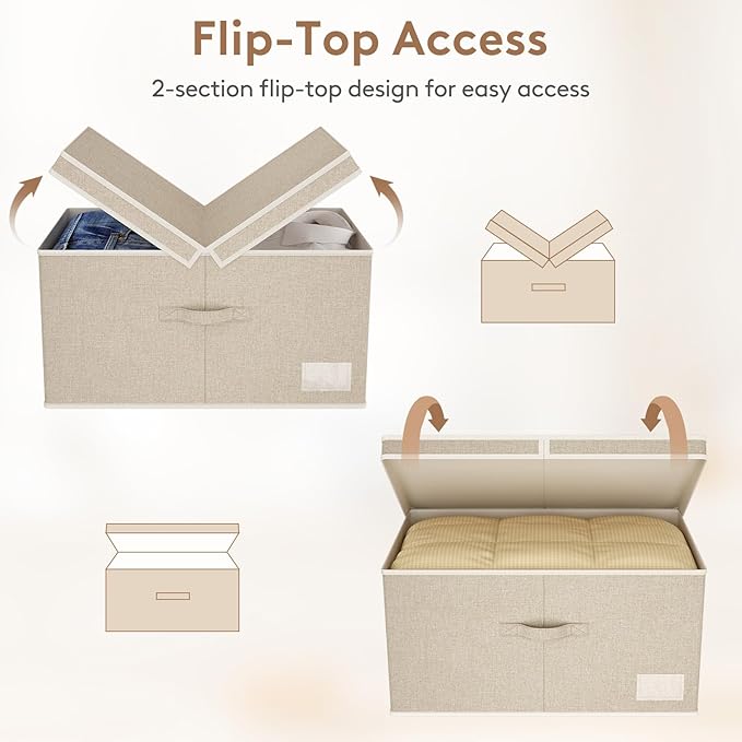 Lifewit Clothes Storage Bins with Lids, Fabric Foldable Storage Boxes with Handles, Decorative Closet Organizer, Stackable Cube Baskets Container for Bedroom, Office, 71L Extra Large Beige, 2 Packs