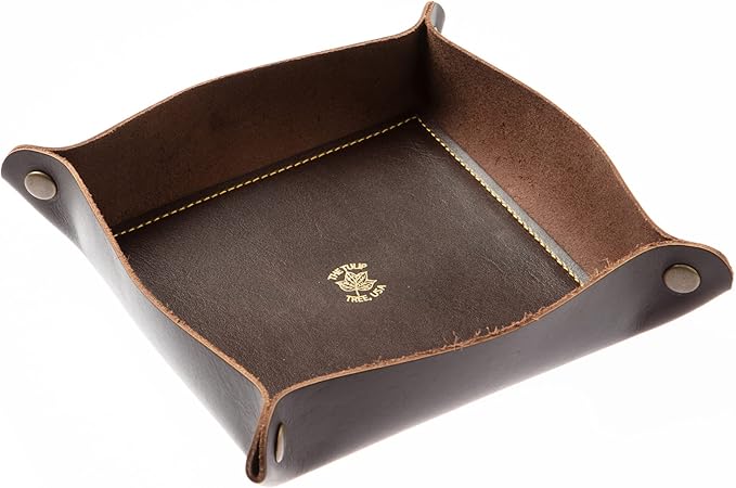 USA Handmade Premium Leather Valet Tray, Folds Flat! Dice Rolling Basket and Organizer with Brass Snaps (Brown Gold, Large)