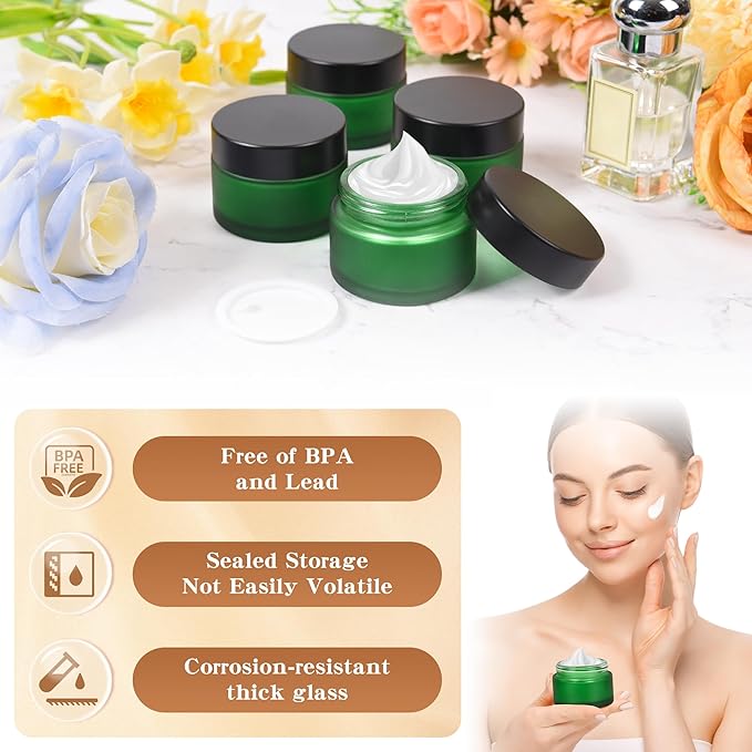 1 oz Glass Jars with Lids, Empty Cosmetic Jars, Airtight Containers with Inner Seal for Creams, Balms, Ointments, DIY Crafts, Salves (24 Pack, Green Frosted)