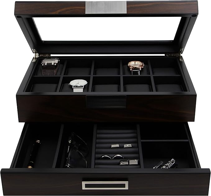 Executive Wooden Watch Box Valet Box Sunglasses and Jewelry Box Storage Organizer (Sweetheart) (Brown)