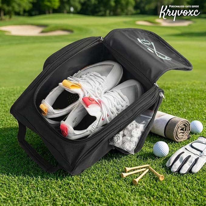 Personalized Golf Shoe Bag for Men, Custom Golf Bag with Embroidered Name, Zipper Sports Shoe Carrier with Top Strap and Side Pockets for Socks, Towels, Gloves, Large Capacity, Golfer Gifts