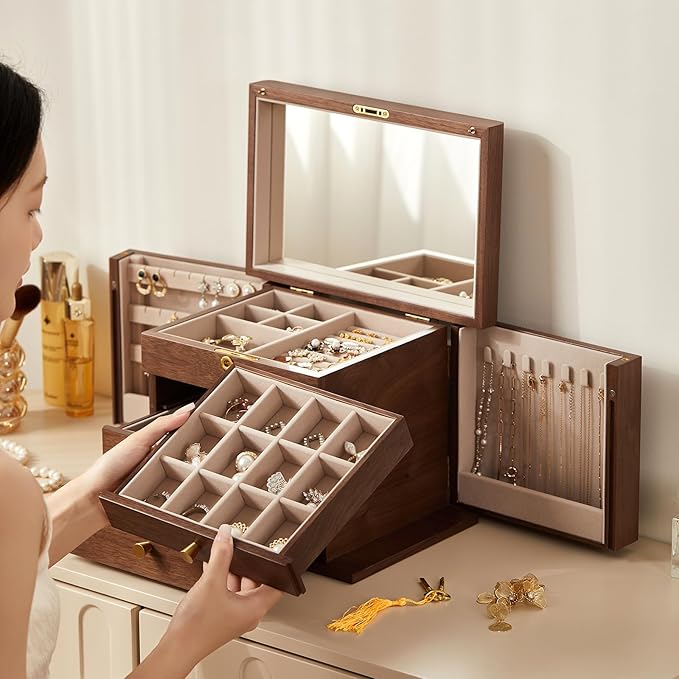 CHOSIN Black Walnut Wooden Jewelry Box, 4-Layer Lockable Wood Jewelry Organizer with Mirror, Side Doors & Brass Handle, Classical Design for Rings, Necklaces, Earrings, Watches, Valentine's Day Gifts