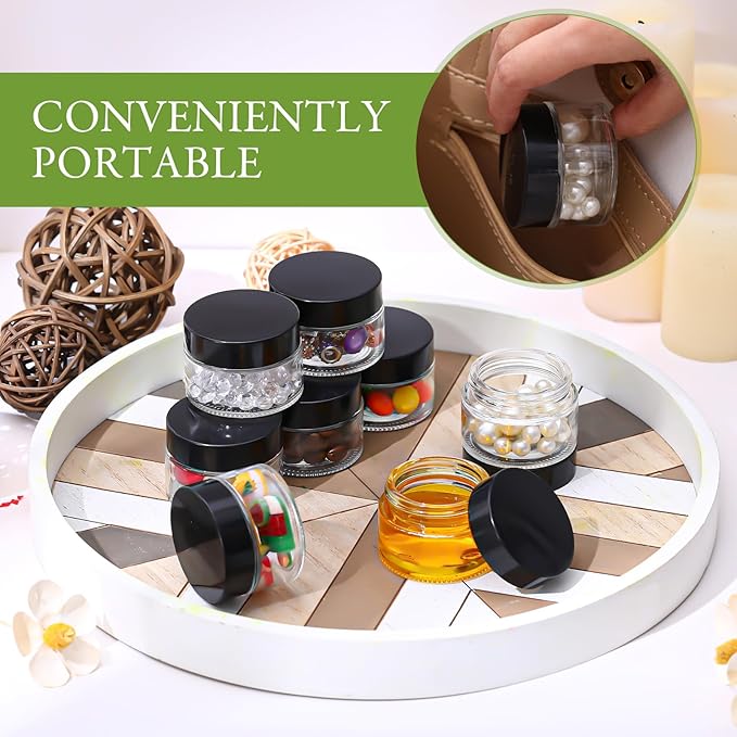 Domensi 100 Pcs 1 oz Glass Jars with Lids Bulk Round Glass Cosmetic Jars for DIY Lip Balm Small Travel Containers with Inner Liner for Lotions Powders Ointments Sample Cream(Clear, Black)