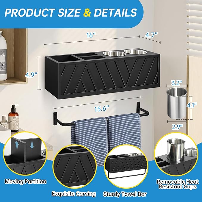 Hair Tool Organizer Wall Mounted with Towel Bar, Wood Hair Dryer and Styling Holder for Bathroom, Vanity Caddy Storage Stand for Storage Bathroom Accessories, Flat Iron, Blow Dryer, Brushes(Black)