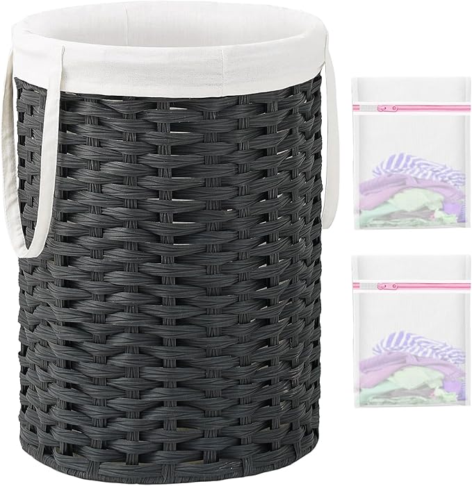 Laundry Hamper Laundry Basket Round 19.0 Gal (72 L) Handwoven Rattan Hamper, Large Wicker Laundry Hamper with Removable Laundry Bag Handles 2 Mesh Bags for Bathroom Living Room Black (No Lid)