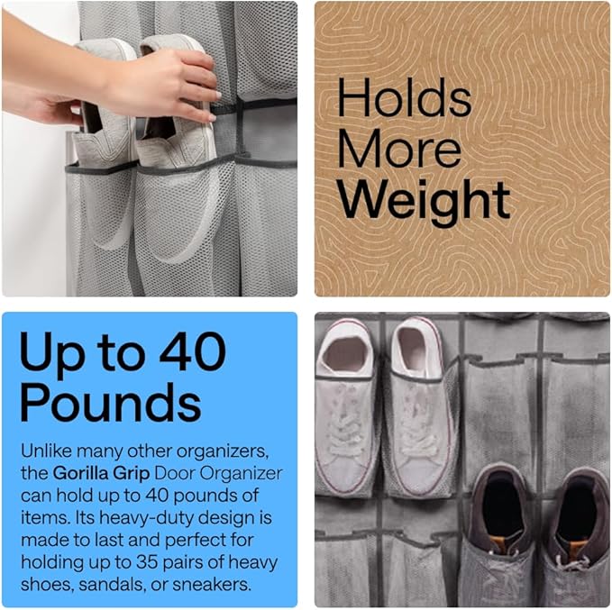 GORILLA GRIP Over the Door Shoe Organizer, 35 Large Breathable Mesh Pockets, Space Saving Hanging Storage Holder, 5 Hook Closet Rack Hanger, Hangs on Closets for Shoes, Accessories 68.5H x 24.5W Gray