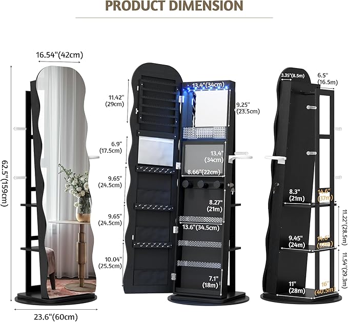 Vlsrka 360° Swivel Jewelry Aromire with Wavy Mirror, Lockable Jewelry Organizer Mirror Full Length, Rotatable Standing Mirror with Storage, Jewelry Cabinet, Interior Mirror, Flodable Shef, Black