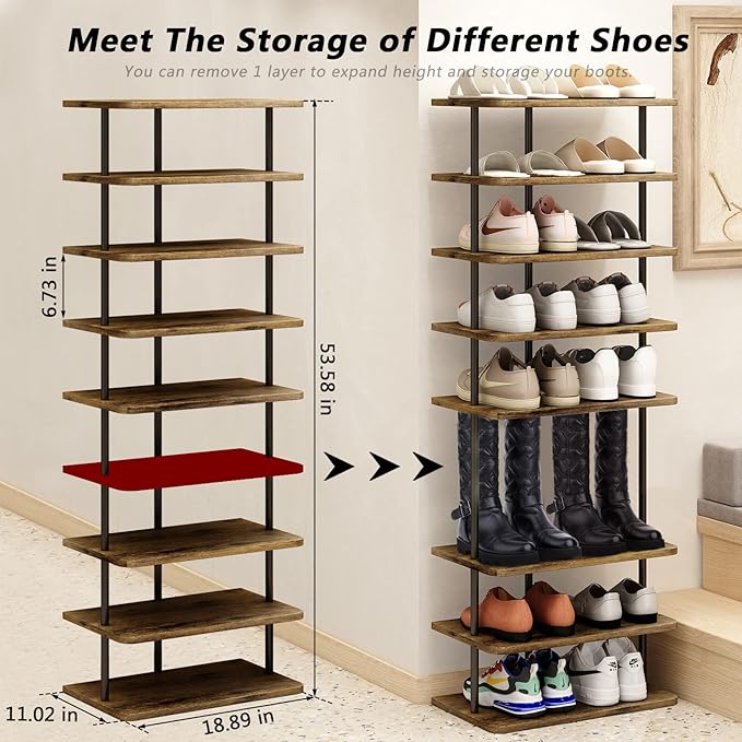 AZERPIAN Shoe Rack 9 Tier Vertical Storage Organizer Double Row Narrow Metal Slim Shelf Modern Free Standing Shoe Tower Saving Space for Closet Entryway Bedroom,Black+Rustic Brown