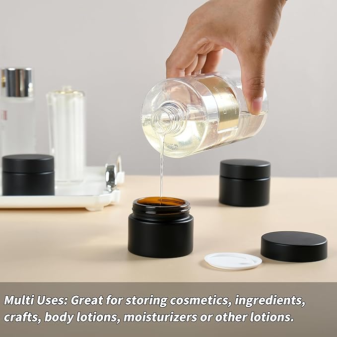 2 oz Reusable Black Glass Container Jars 24 Pack with Wide-mouth Leak Proof Cap and Inner Pull-On Lid for Travel Storage Makeup, Face Creams, Body Lotions, DIY Crafts or Others