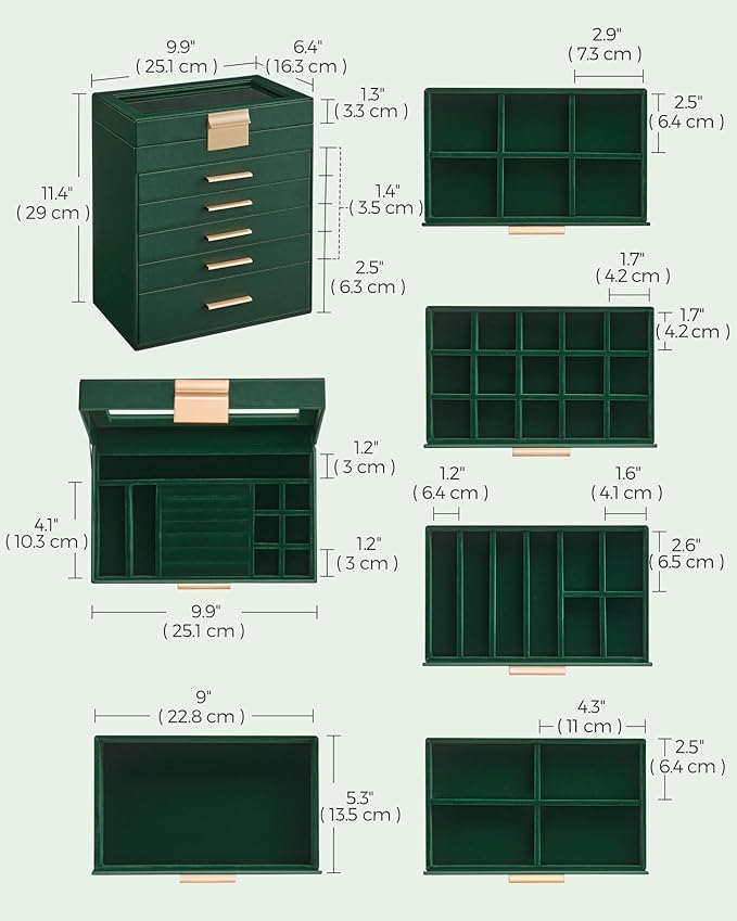 SONGMICS Jewelry Box Organizer with Glass Lid, 6-Layer Jewelry Storage, with 5 Drawers, Modern Style, 6.4 x 9.9 x 11.4 Inches, Forest Green and Gold Color UJBC171C01